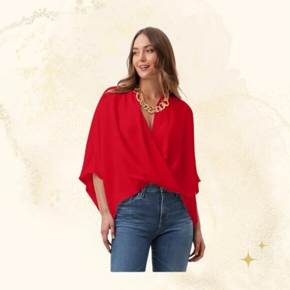 💕TRINA TURK💕 Draped High-Low Concourse Blouse ~ Reina Red Medium NWOT - Picture 4 of 11